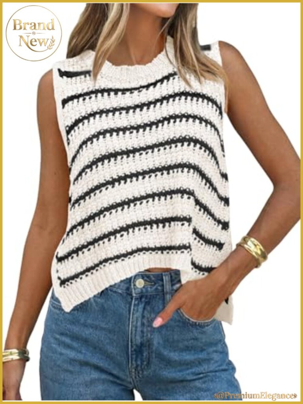 Striped Sweater Vest Sleeveless Ribbed Side Split Knit Top Summer Beach Resort